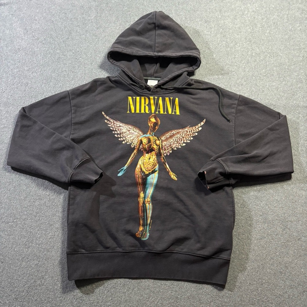 Nirvana In Utero Band Graphic Hoodie Men's M Charcoal Gray Pullover Sweatshirt